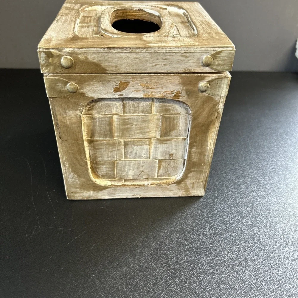 Rustic Cabin Upcycled Wooden Tissue Box Cover Square Facial Holder Hinged Lidded